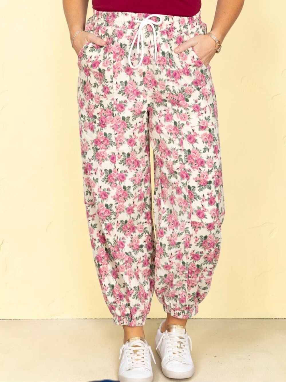 BiBi Floral Jogger Pants Pink Rose Drawstring Twill Elastic Waist Large NEW - Picture 2 of 12